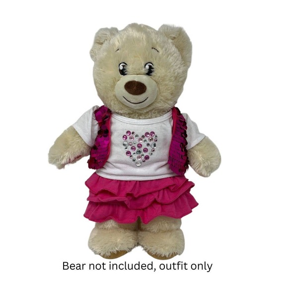 Build‎ a Bear Workshop BABW Pink Skirt w/ White Shirt & Sequin Vest Outfit ONLY - Picture 1 of 5